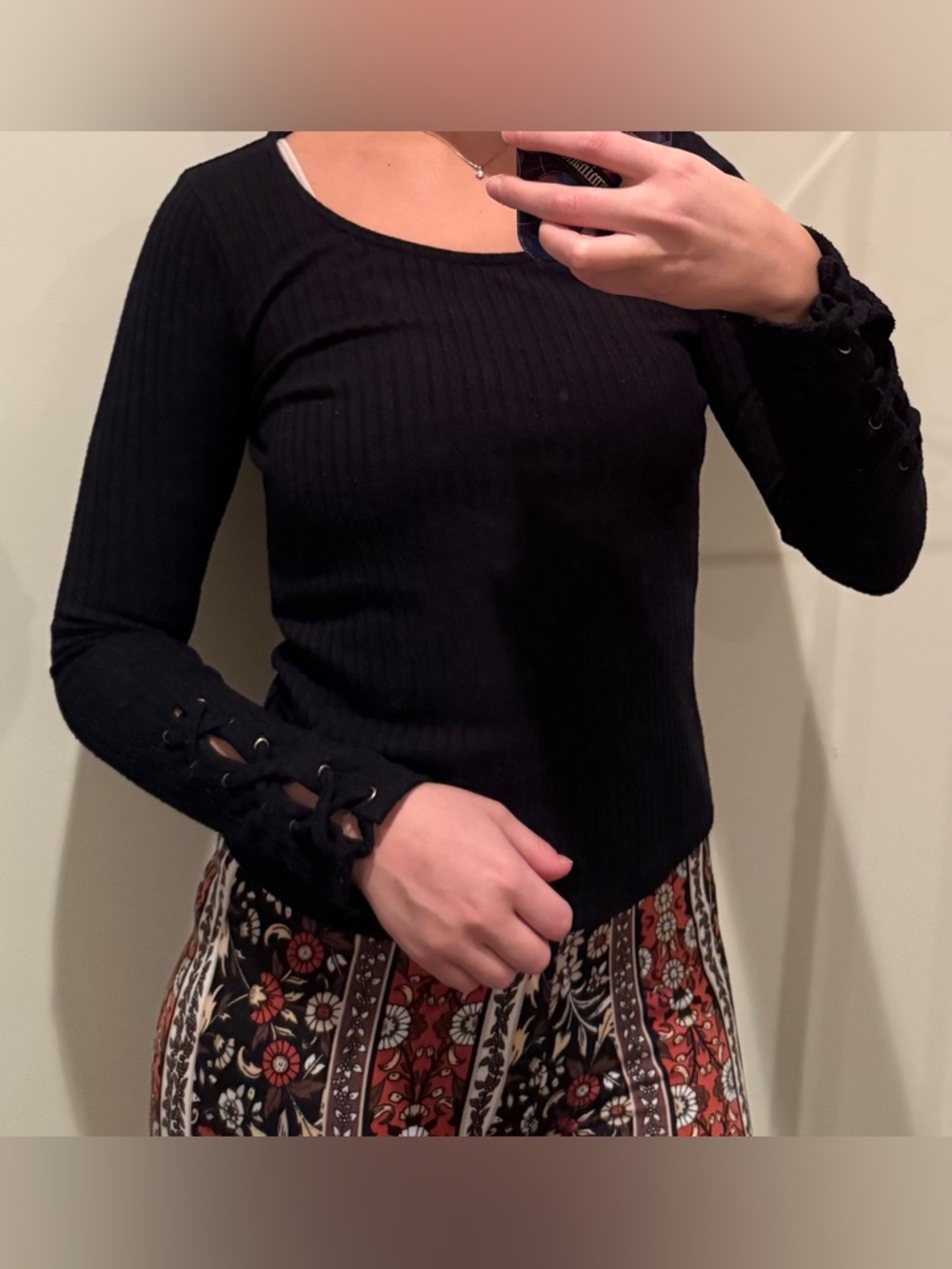LA Hearts Black Ribbed Long Sleeve Top with Lace-Up Cuffs